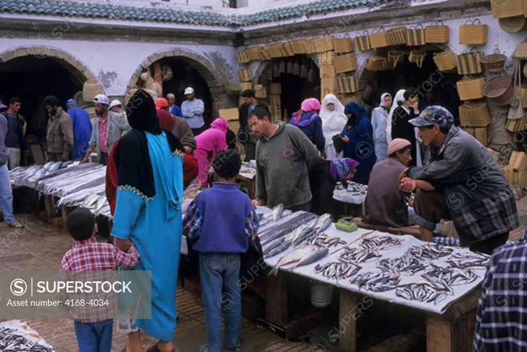 Morocco, Essaouira, Local People Shopping At Fish Market