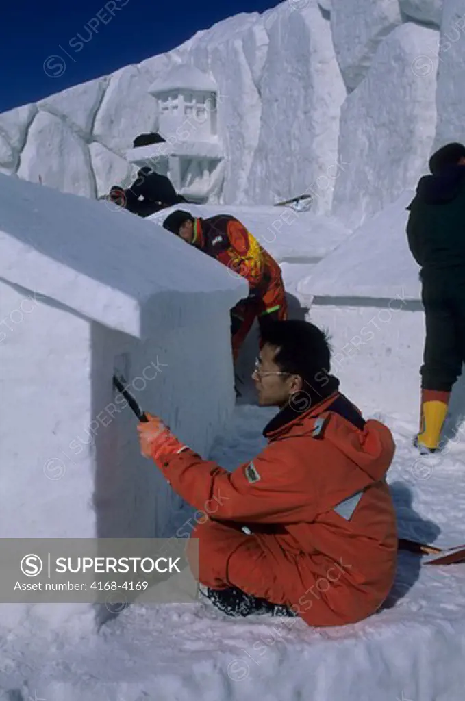 Japan, Hokkaido Island, Abashiri, People Building Ice Sculptures
