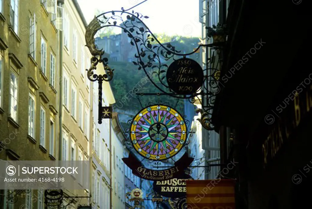 Austria, Salzburg, Getriedegasse, Shopping Street, Wrought-Iron Signs