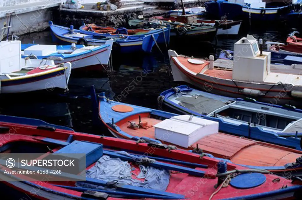 Greece, Santorini, Phira, Port With Fishing Boats