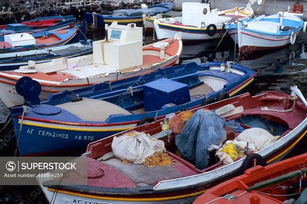 Greece, Santorini, Phira, Port With Fishing Boats