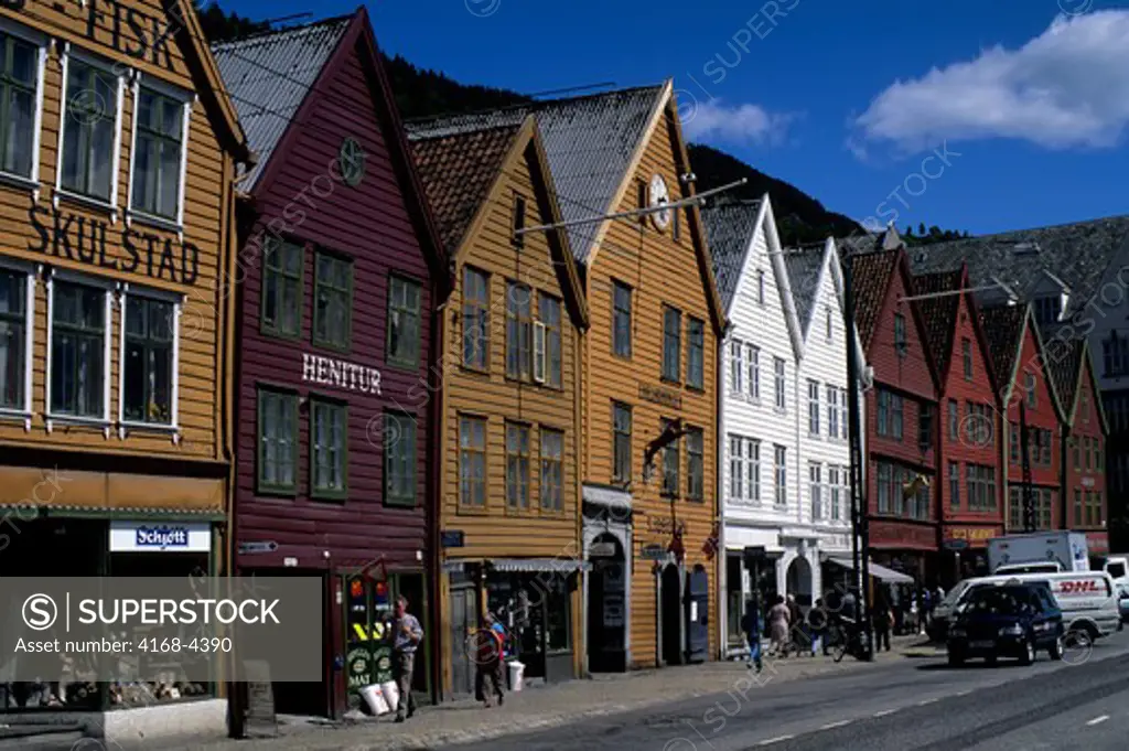 Norway, Bergen, Bryggen District With Historic Wooden Houses From Hanseatic Period
