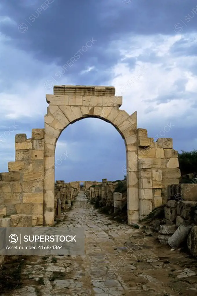 Libya, near Tripoli, Leptis Magna, Roman Street with Arch of Tiberius