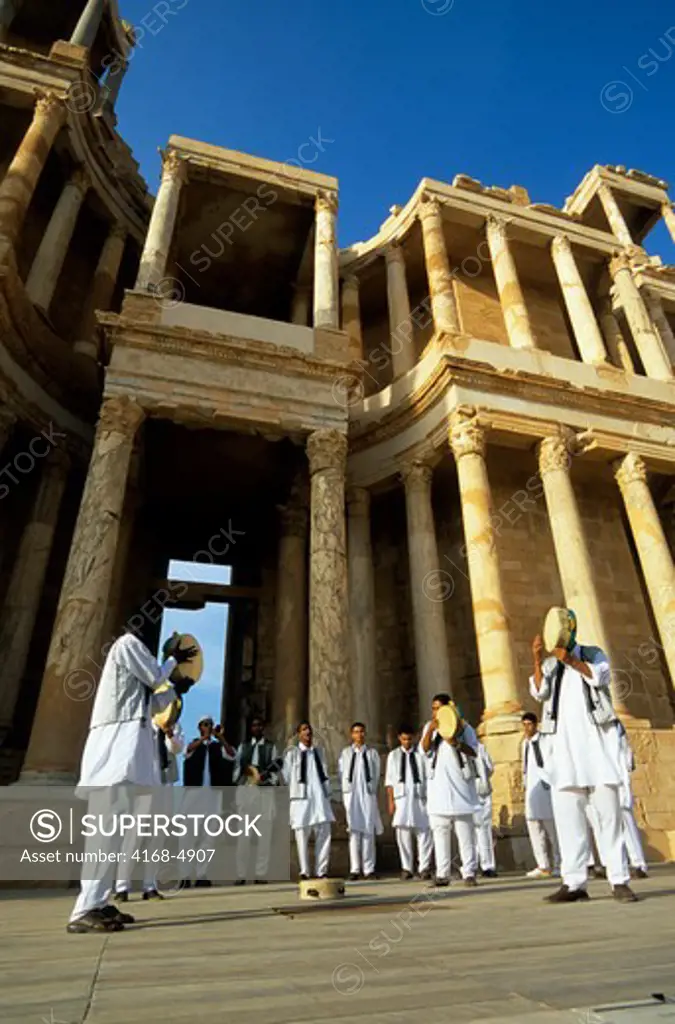 Libya, near Tripoli, Sabratha, Roman Theatre, traditional musicians