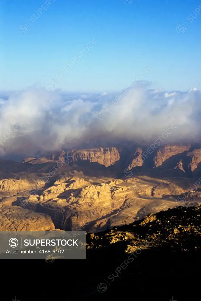 Jordan, near wadi musa, view of wadi araba, rift valley, fog