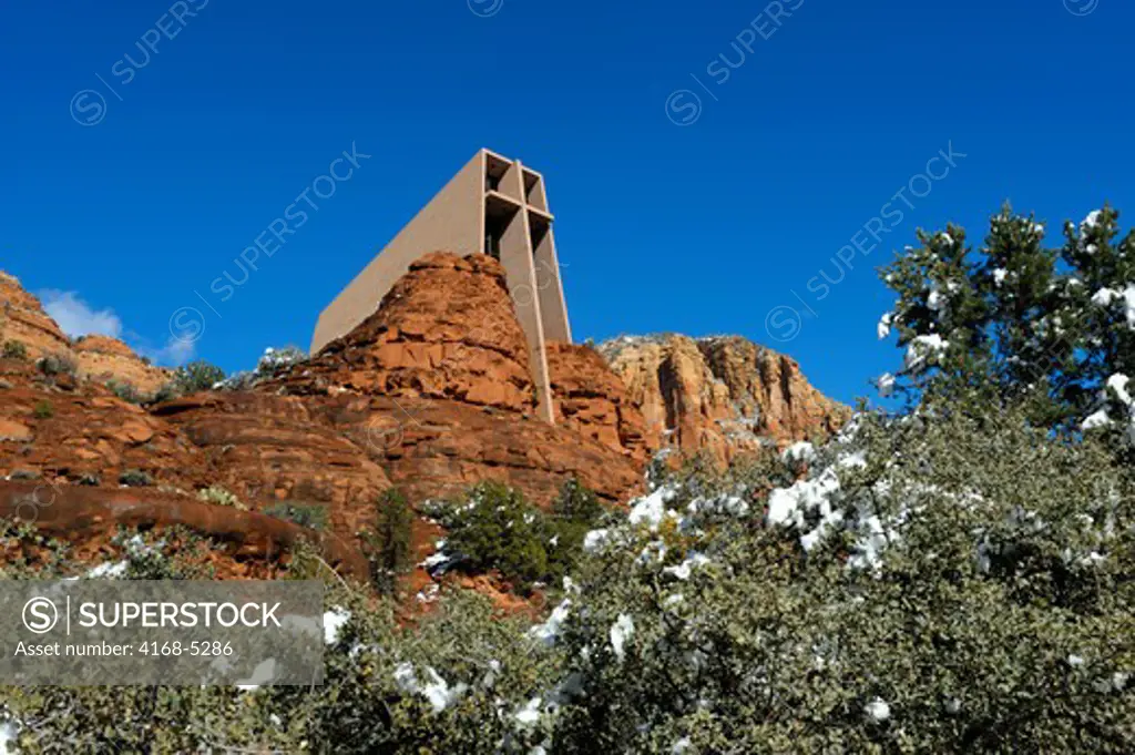 usa, arizona, sedona, the chapel of the holy cross with snow