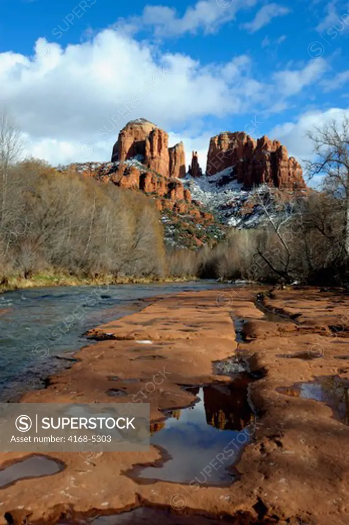 usa, arizona, sedona, red rock crossing, oak creek, view of cathedral mountain after snow fall