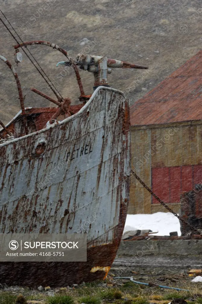 SOUTH GEORGIA ISLAND, GRYTVIKEN, HISTORIC WHALING STATION, OLD WHALING BOAT WITH HARPOON