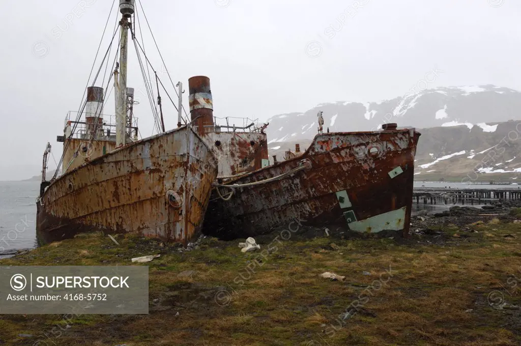 SOUTH GEORGIA ISLAND, GRYTVIKEN, OLD WHALING STATION, RUSTY WHALING SHIPS