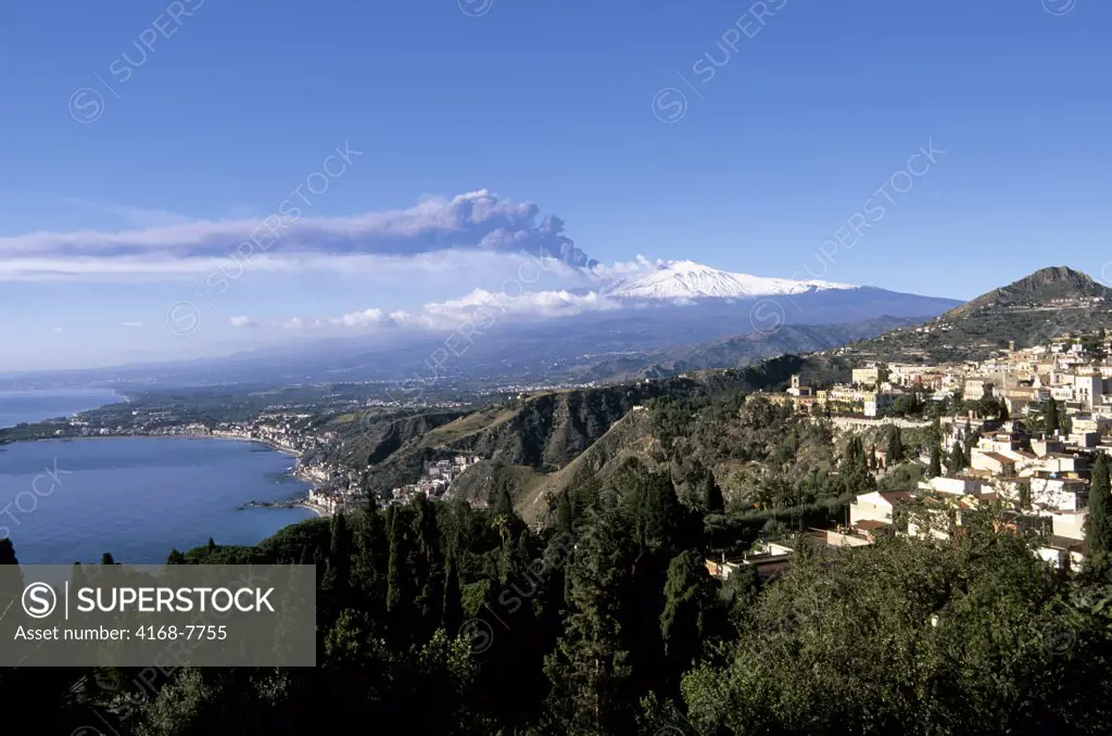 Italy, Sicily, Taormina, Mount Etna erupting