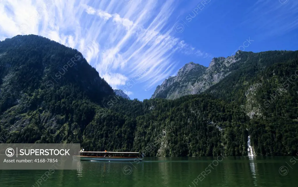 Germany, Bavaria, Berchtesgaden, Konigssee, Scenics waterfall with tourboat