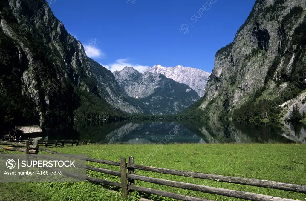 Germany, Bavaria, Berchtesgaden, Konigsee Area, Obersee, Fischunkel Alm, rail fence and meadow