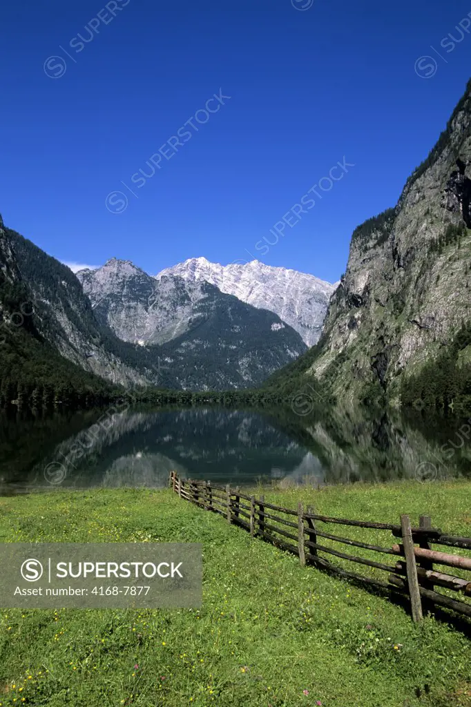 Germany, Bavaria, Berchtesgaden, Konigsee Area, Obersee, Fischunkel Alm, rail fence and meadow