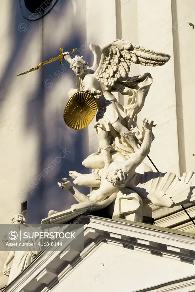 Austria, Vienna, Archangel Michael statue on St. Michael's Church facade