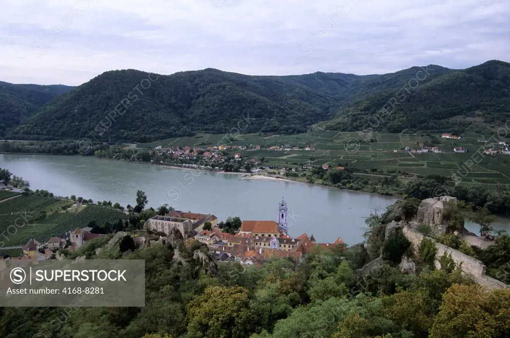 Austria, Wachau Valley, Durnstein, View of town on Danube River