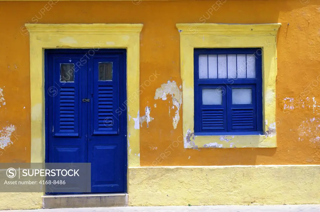 Brazil, Near Recife, Olinda, Yellow House with Blue Door