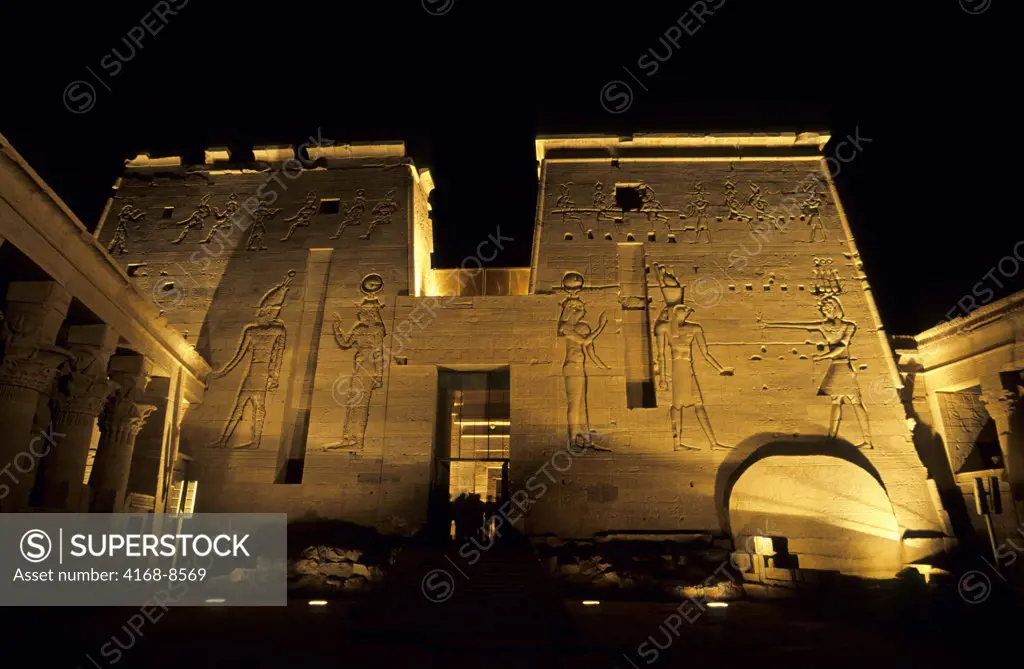 Egypt, Aswan, Nile River, Agilkia Island, Philae, Temple of Isis, Second Pylon at Night