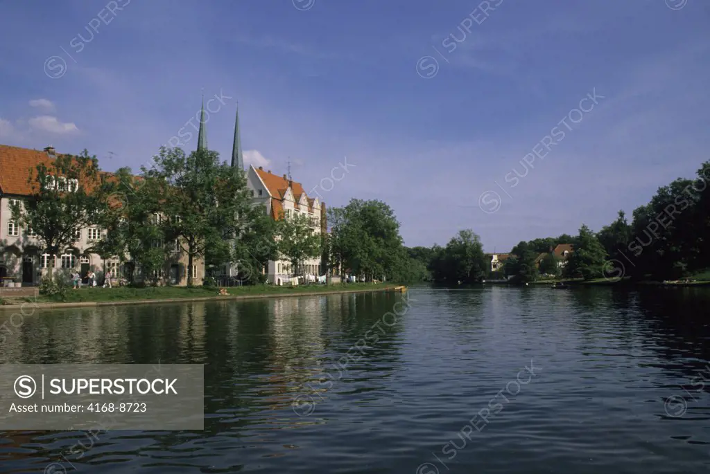 Germany, Lubeck, Upper Trave River with Local Houses And Cathedral