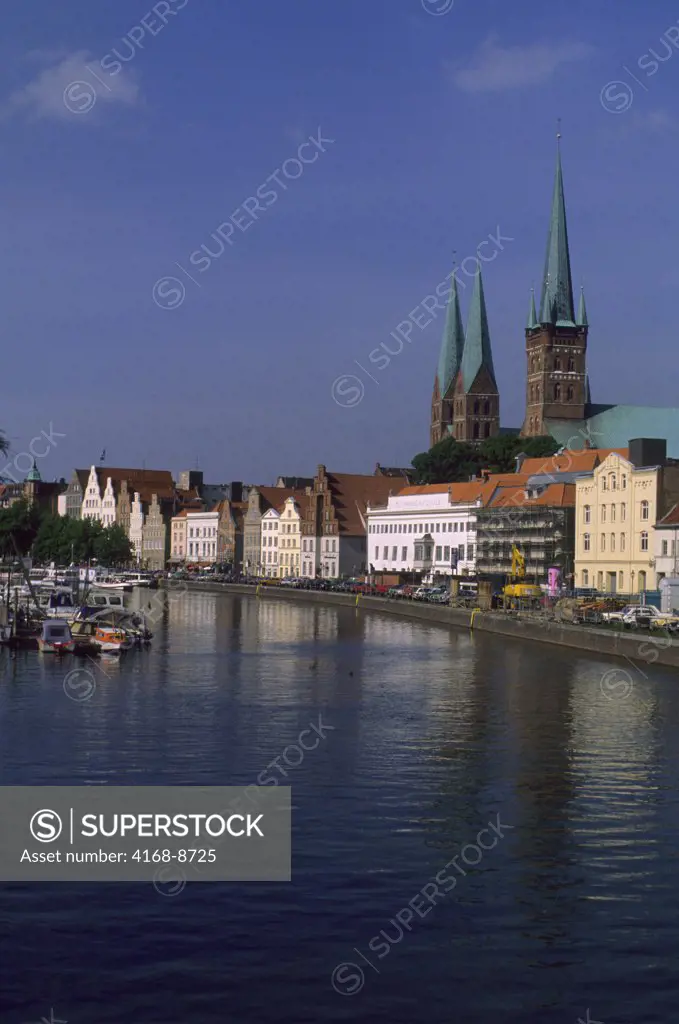 Germany, Lubeck, Upper Trave River with St. Petri And St. Mary's Churches