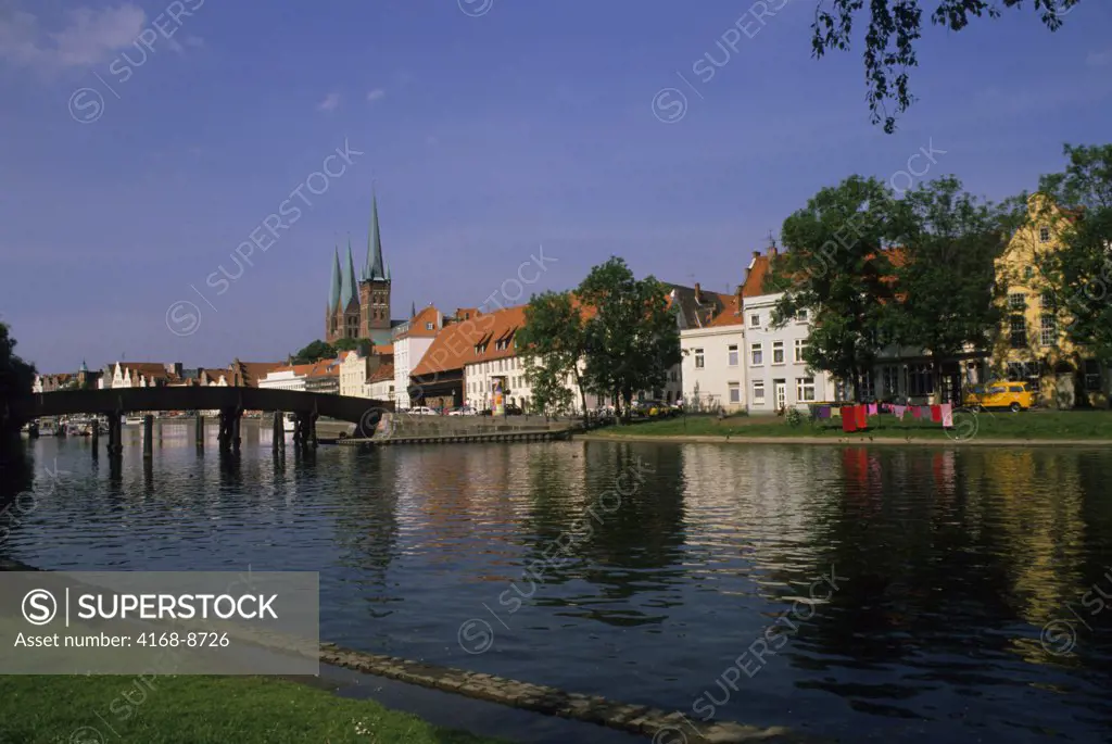 Germany, Lubeck, Upper Trave River with St. Petri and St. Mary's Churches and Dankwarts Bridge