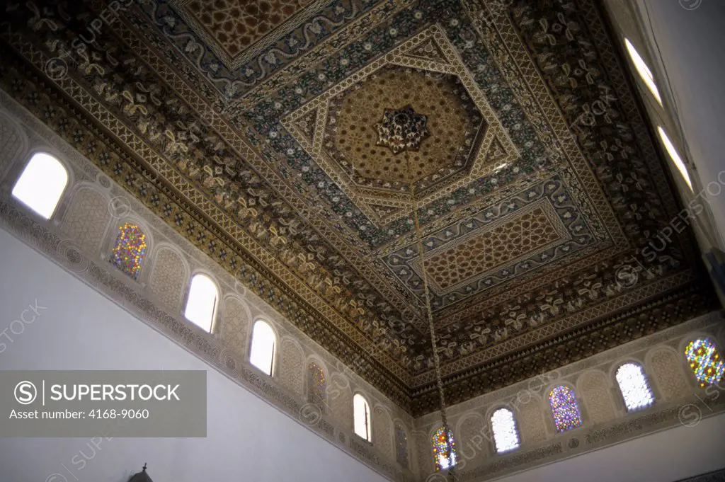 Morocco, Marrakech, Bahia Palace, Interior, Painted Ceiling, Windows