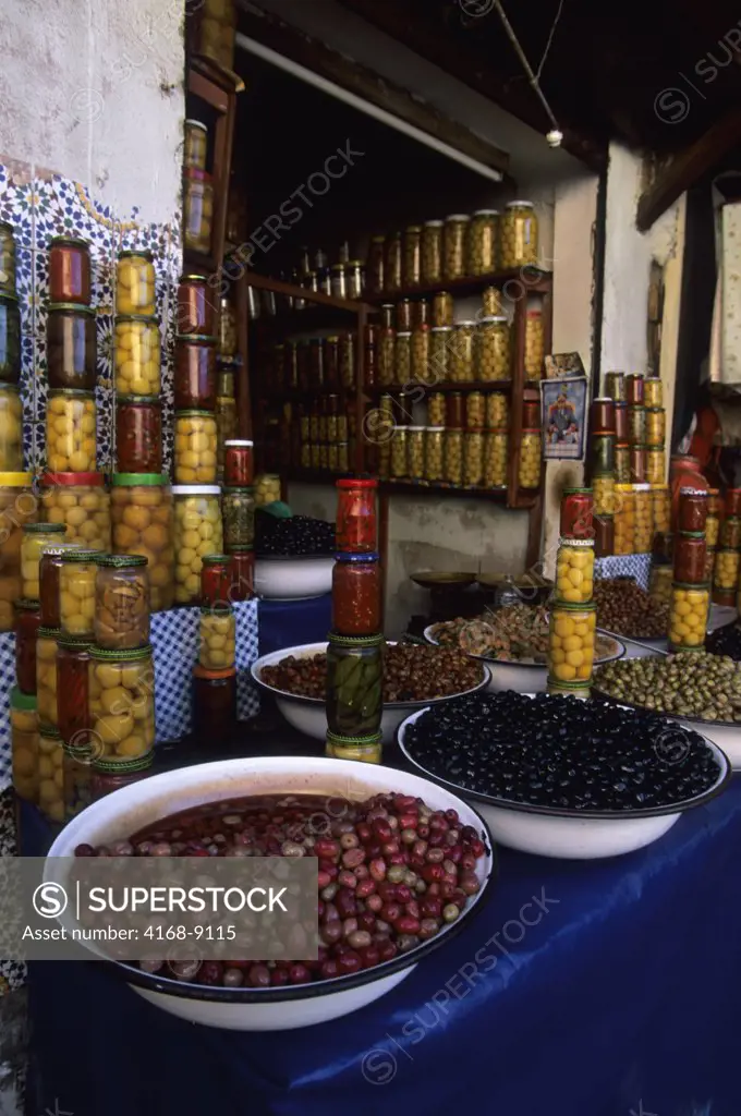 Morocco, Marrakech, Souk Scene, Olives And Pickled Foods For Sale