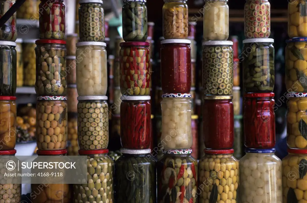 Morocco, Marrakech, Souk Scene, Pickled Olives, Garlic, Fruits, Chile Peppers, For Sale
