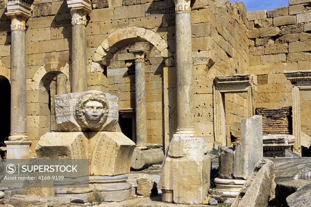 Libya, Near Tripoli, Leptis Magna, Severan Forum, Medusa Head, Basilica In Background