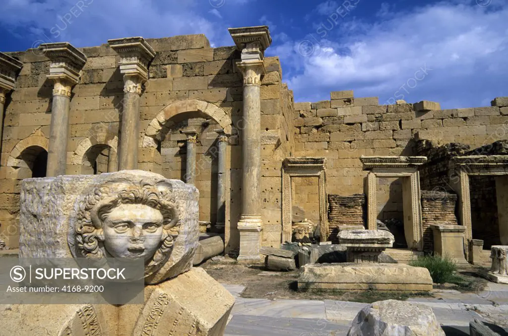 Libya, Near Tripoli, Leptis Magna, Severan Forum, Medusa Head, Basilica In Background