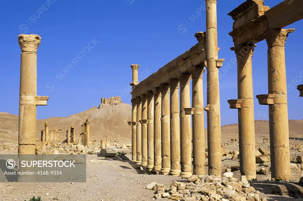 Syria, Palmyra, Ancient Roman City, Western Colonnaded Street, Castle Of Fakhr Ud-Din In Back