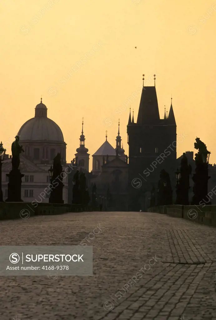 Czech Republic, Prague, Charles Bridge At Dawn With Old Town Bridge Tower