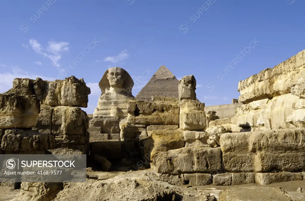 Egypt, Cairo, Giza, Sphinx With Chefren Pyramid In Background