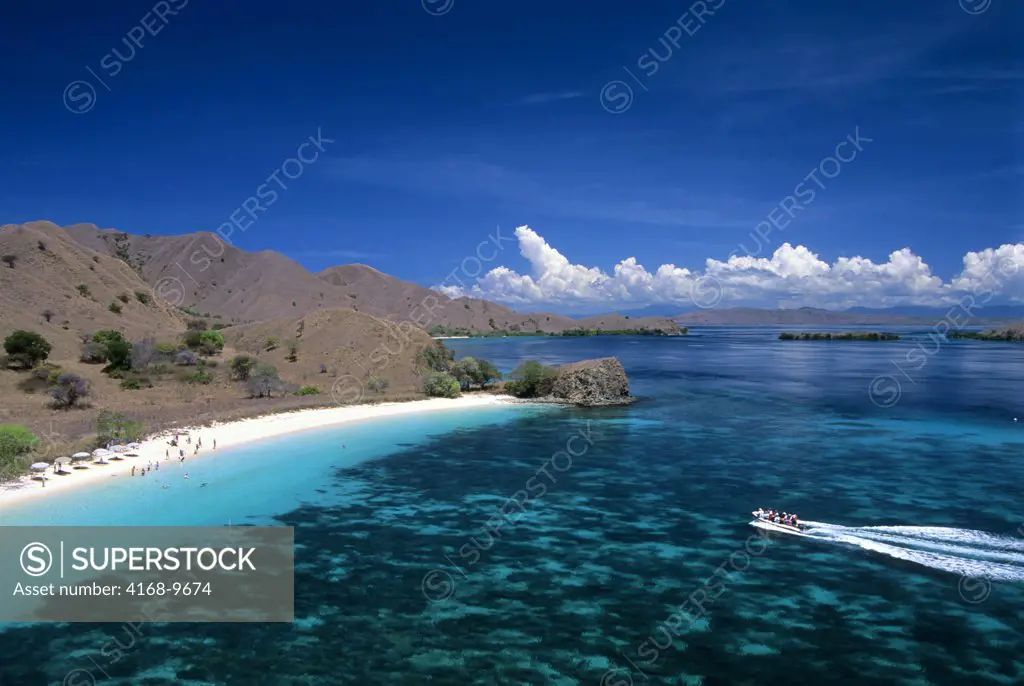 Indonesia, Komodo Island, View Of Pink Beach, Tourists Landing In Zodiac