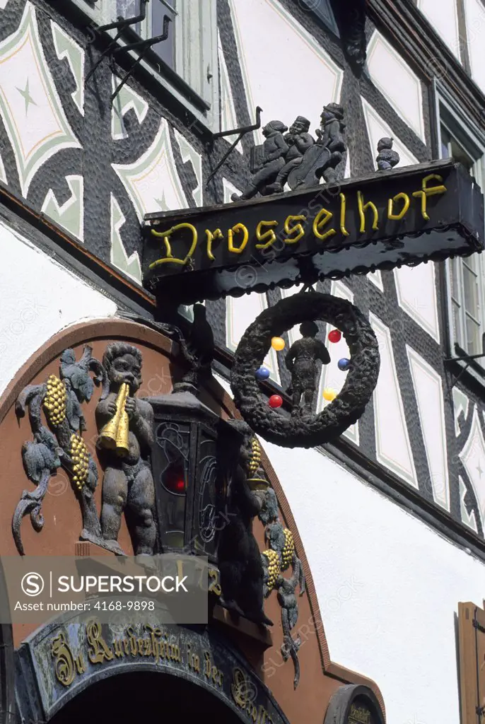 Germany, Rhine River, Ruedesheim, Drosselgasse, Restaurant Sign
