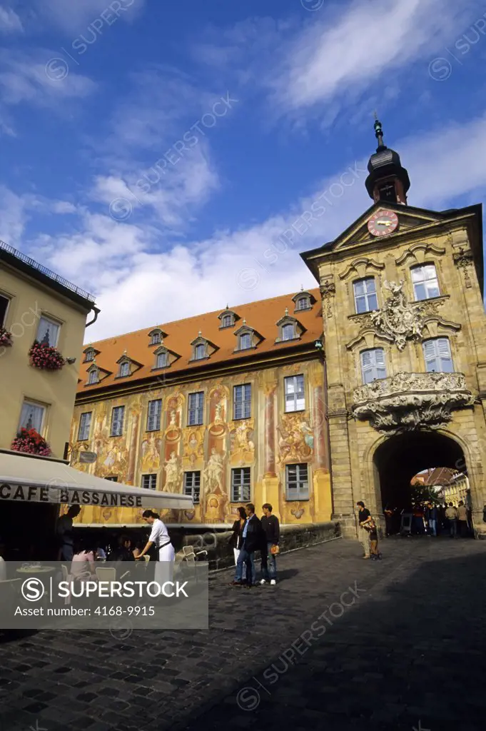 Germany, Bamberg, Unesco, Old Town Hall (Island Town Hall), Baroque Gatetower, Sidewalk Cafe