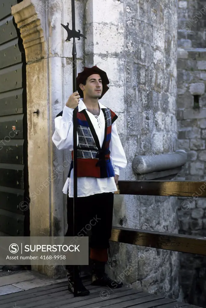 Croatia, Dubrovnik, Street Scene, Man In Historic Costume, Guard