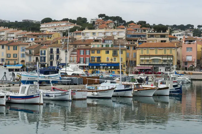 Fishing boats in the port in Cassis, which is a picturesque seaside community, located 20 km east of Marseille in the Provence-Alpes-Côte d'Azur region in southern France.