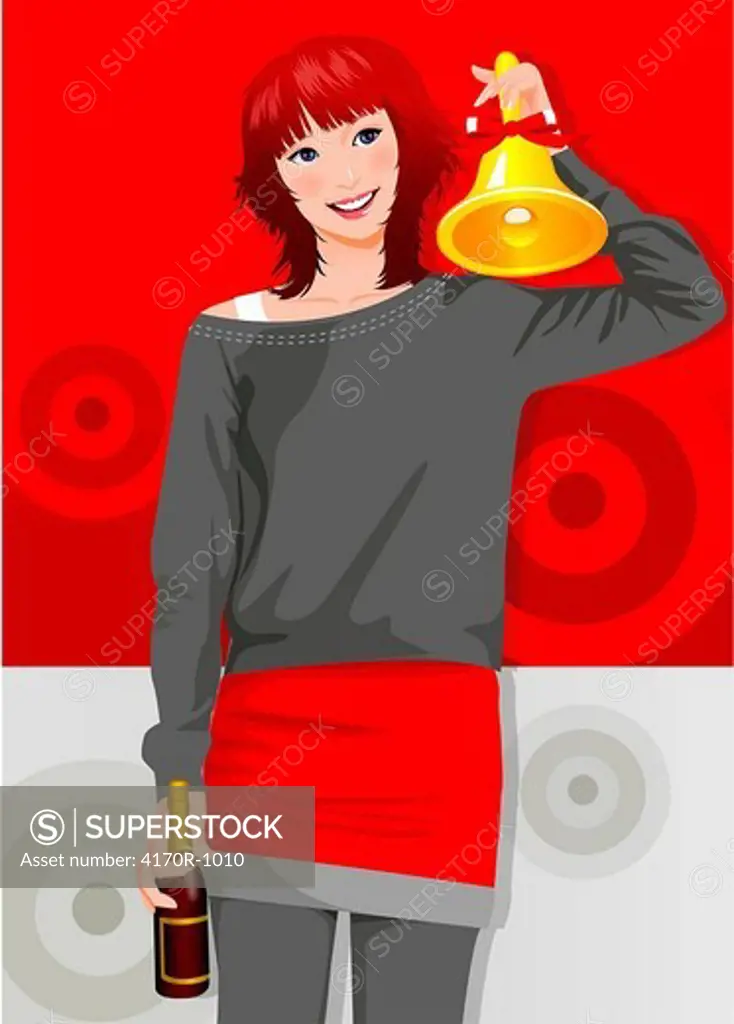 Woman holding a beer bottle and a bell