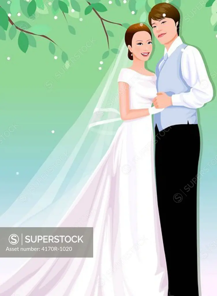 Newlywed couple standing together and holding hands