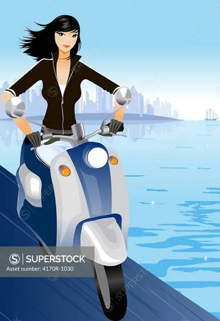 Woman ridding a motor scooter along the sea