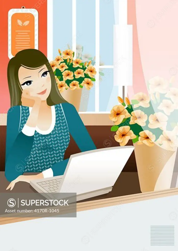 Woman sitting in front of a laptop and thinking