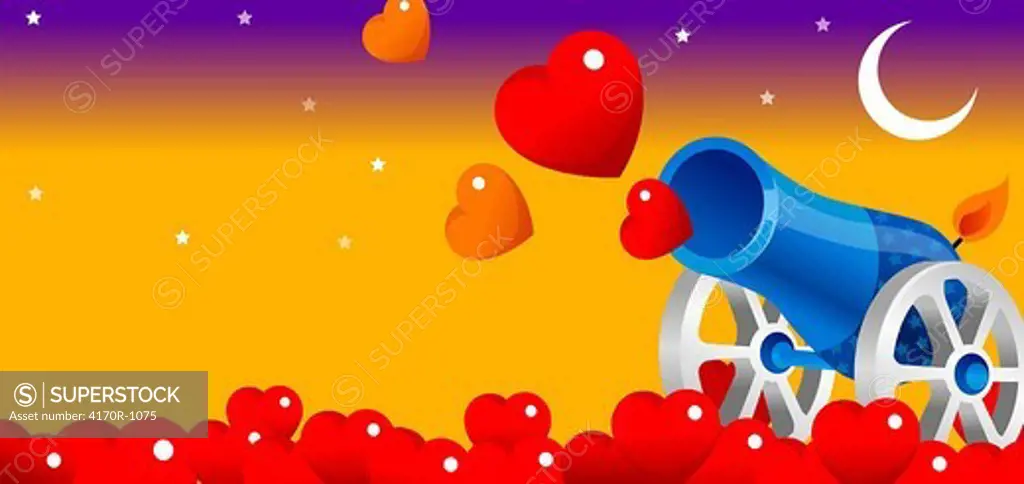 Close-up of a cannon with heart shaped balloons