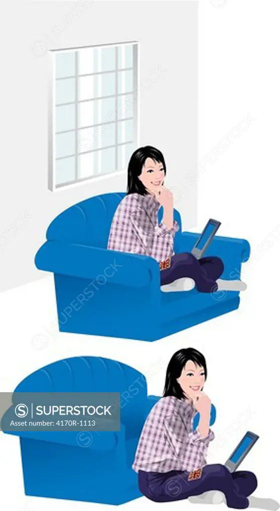 Woman sitting in an armchair with a laptop and smiling