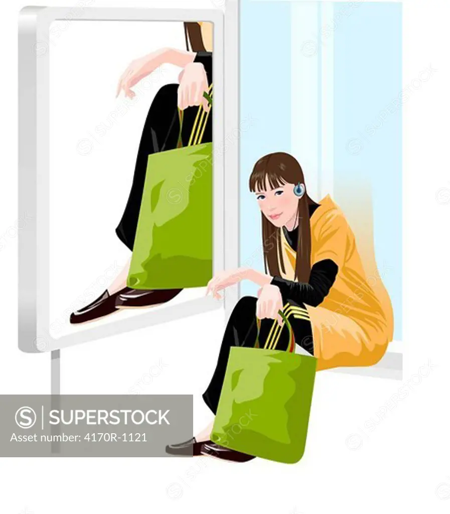 Portrait of a woman listening to music and holding a shopping bag