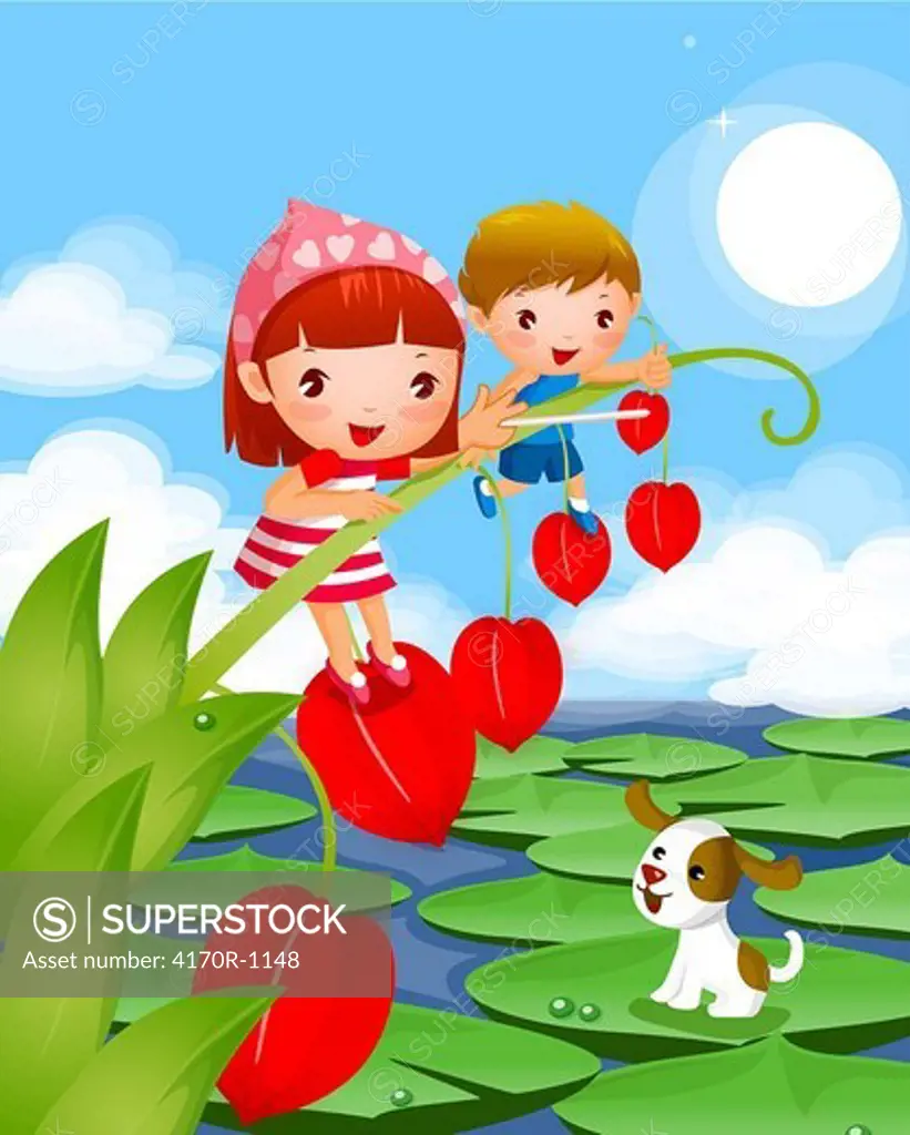 Boy and a girl standing on peaches with a dog sitting on lily pads in a lake
