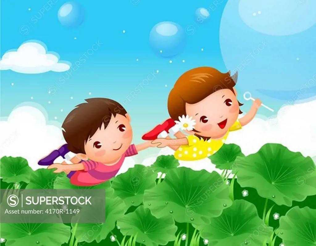 Boy and a girl flying over plants and making soap bubbles