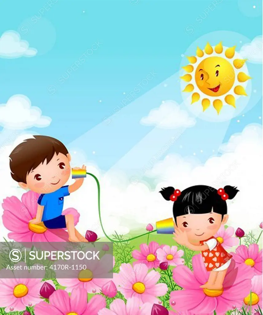 Boy and a girl sitting on flowers and playing with tin can phones