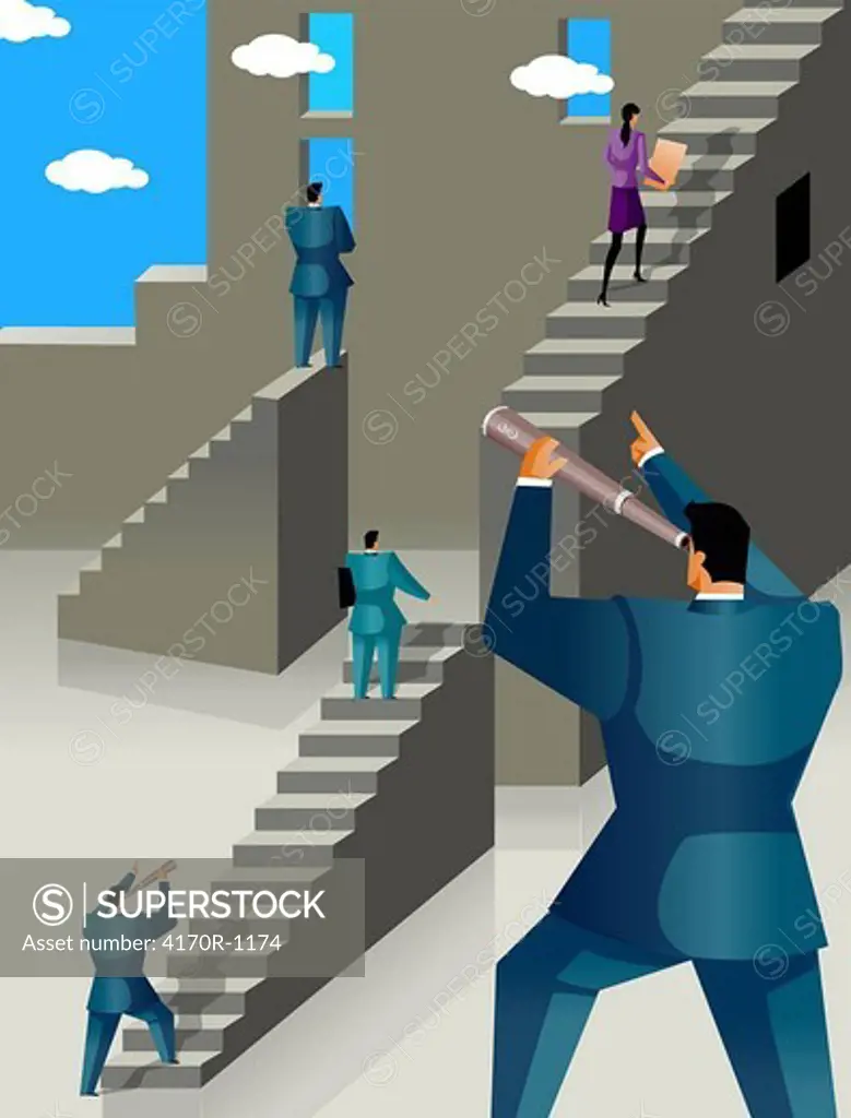 Rear view of a businessman watching other people moving up a staircase through a hand-held telescope
