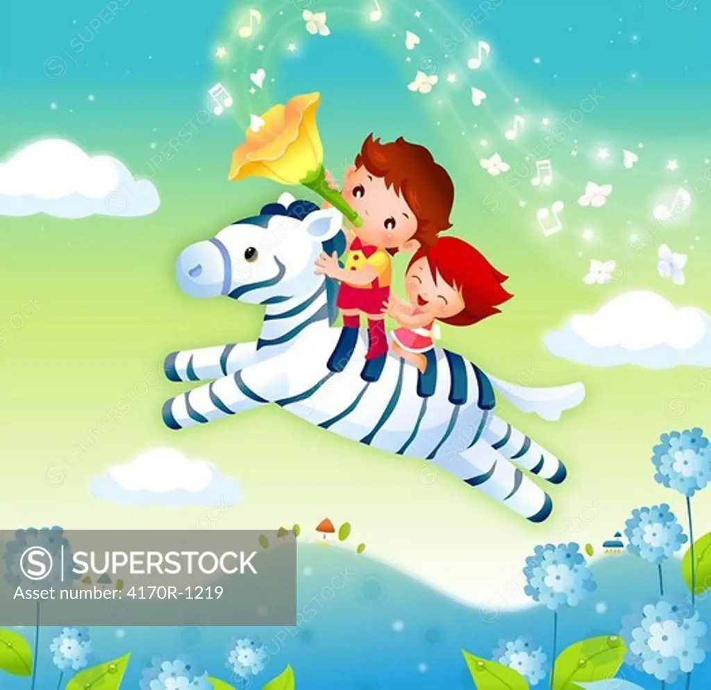 Boy and a girl riding a zebra in the sky