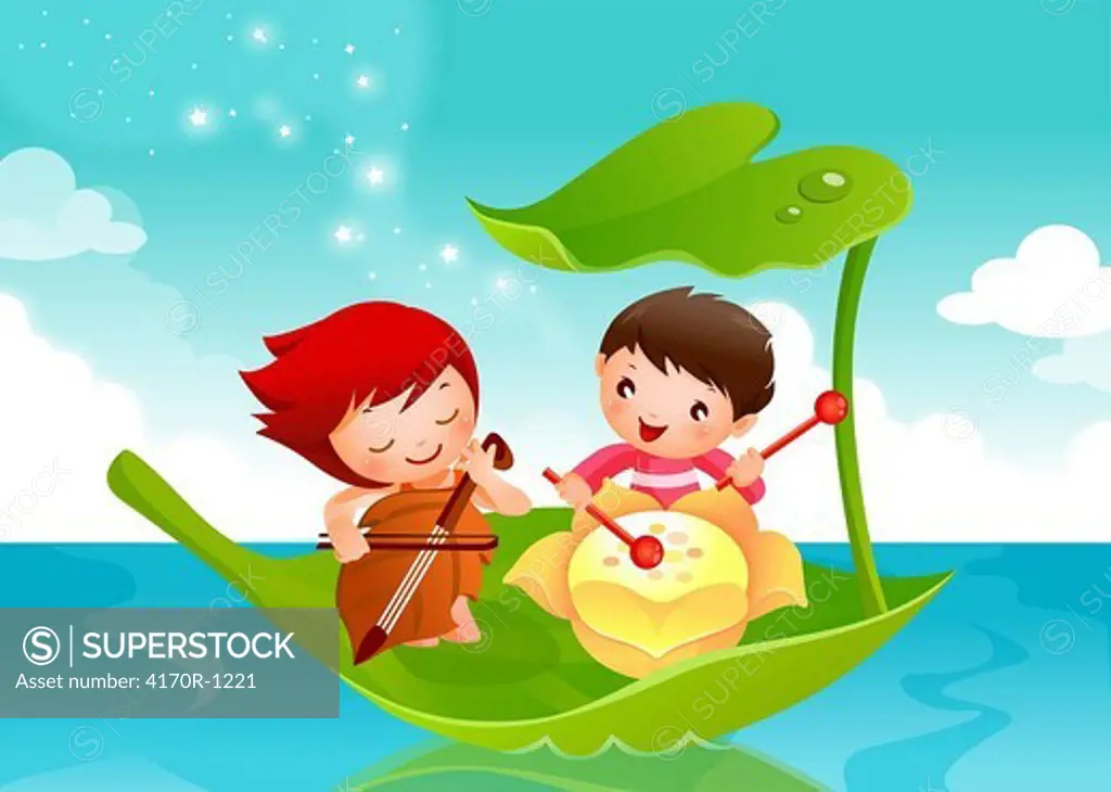 Boy and a girl playing musical instruments and floating on a leaf